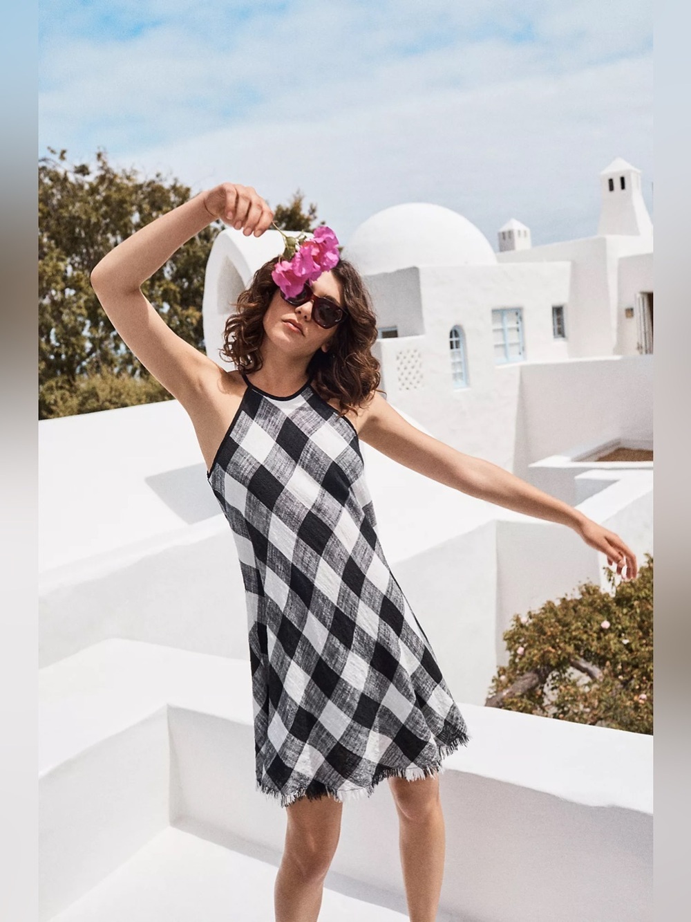 Cloth & Stone Buffalo Plaid Fringe Hem Swing Dress Lined Black White Size Small - Picture 6 of 15